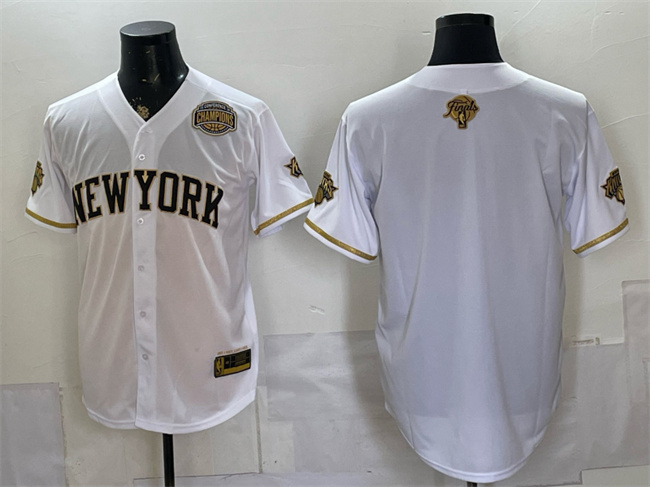 Men's New York Knicks Blank White Gold 2026 Finals & Eastern Conference Champions Patch Stitched Baseball Jersey Men's New York Knicks Blank White Gold 2026 Finals & Eastern Conference Champions Patch Stitched Baseball Jersey